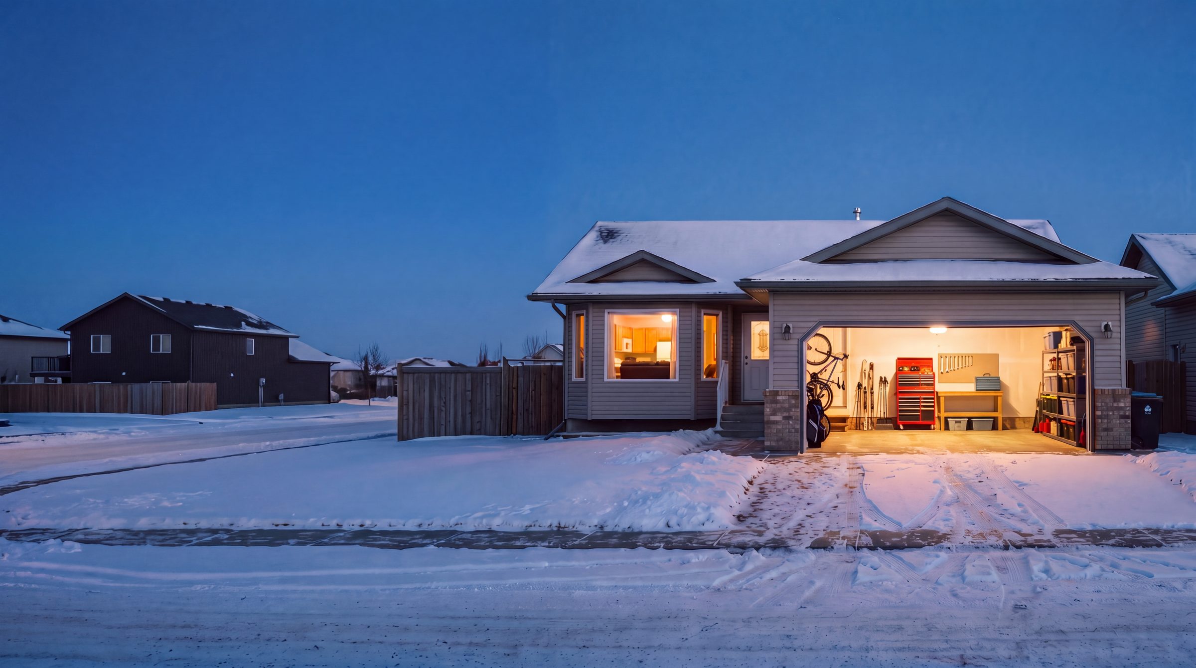 The same house at dusk with its garage door wide open, bikes, skis, a tool chest and tools in plain view from the street.