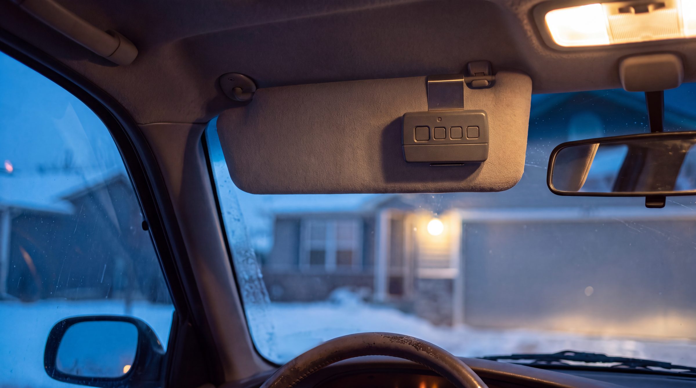 From the driver’s seat at dusk: a garage door remote clipped to the sun visor, the house and its closed garage door out of focus through the windshield.